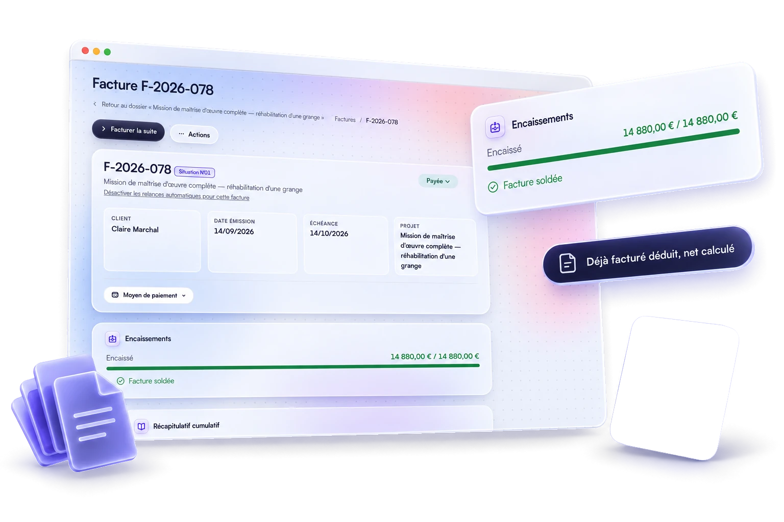 Facture : récapitulatif cumulatif — montant du devis, déjà facturé, présente facture