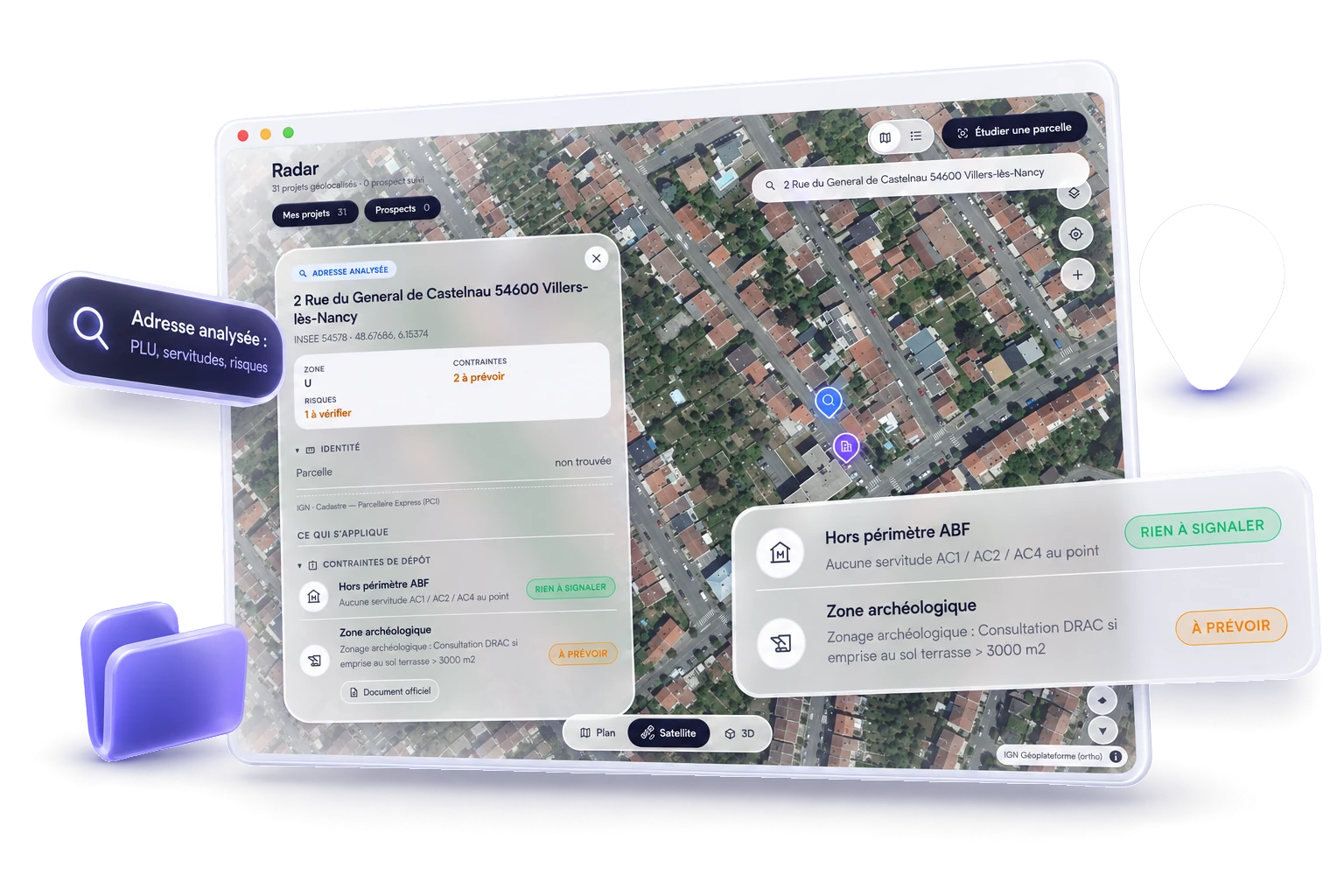Zonage PLU sur vue satellite, documents d'urbanisme et formulaire d'analyse de faisabilité