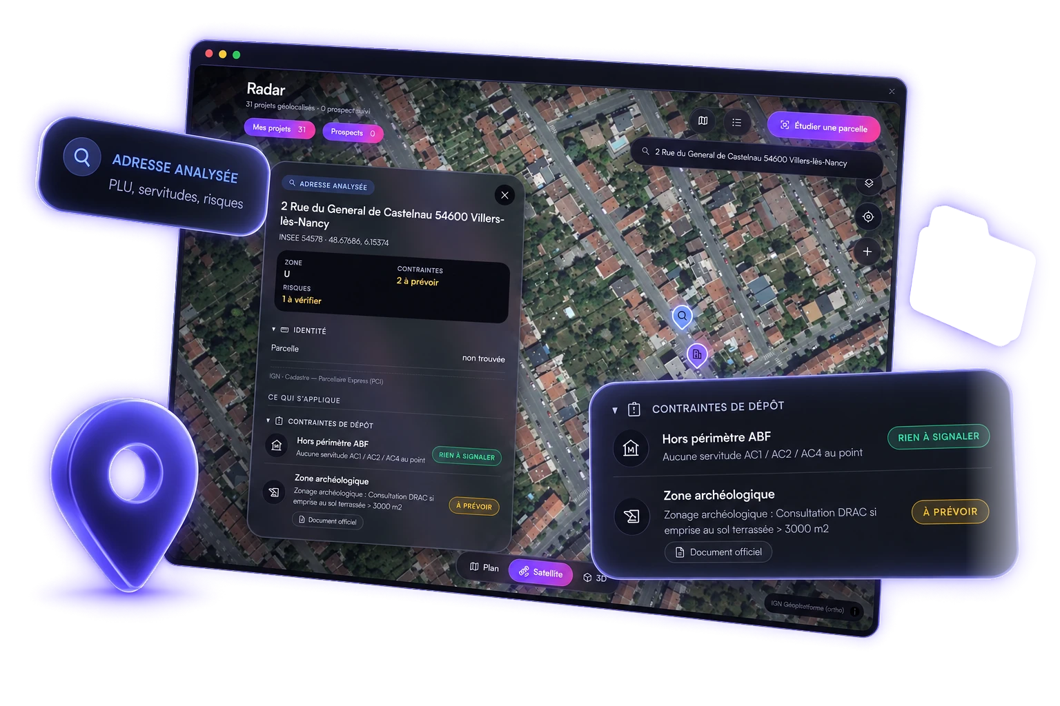 Zonage PLU sur vue satellite, documents d'urbanisme et formulaire d'analyse de faisabilité