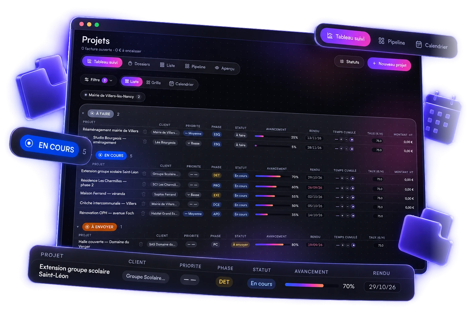 Tableau de suivi des projets groupé par statut, avec phase, avancement, rendu et montant